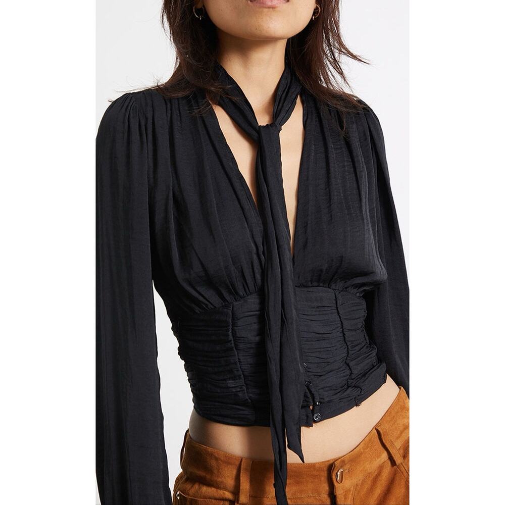 Free People Meet Me There Buttondown Blouse Shirt Black Size L MSRP $98